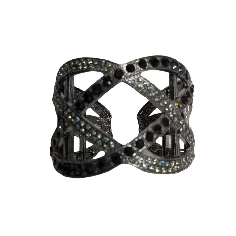 Dark Silver Black Crystals Rhinestone Woven Hollow Out Cuff Bangle Bracelet - Picture 9 of 12